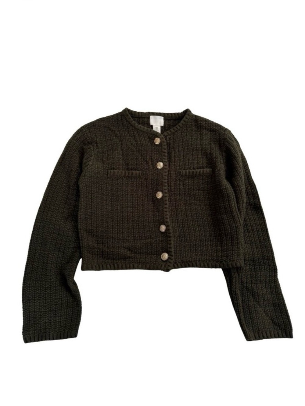 H&M Short Textured-Knit Classic Cardigan in Olive Green – Size M